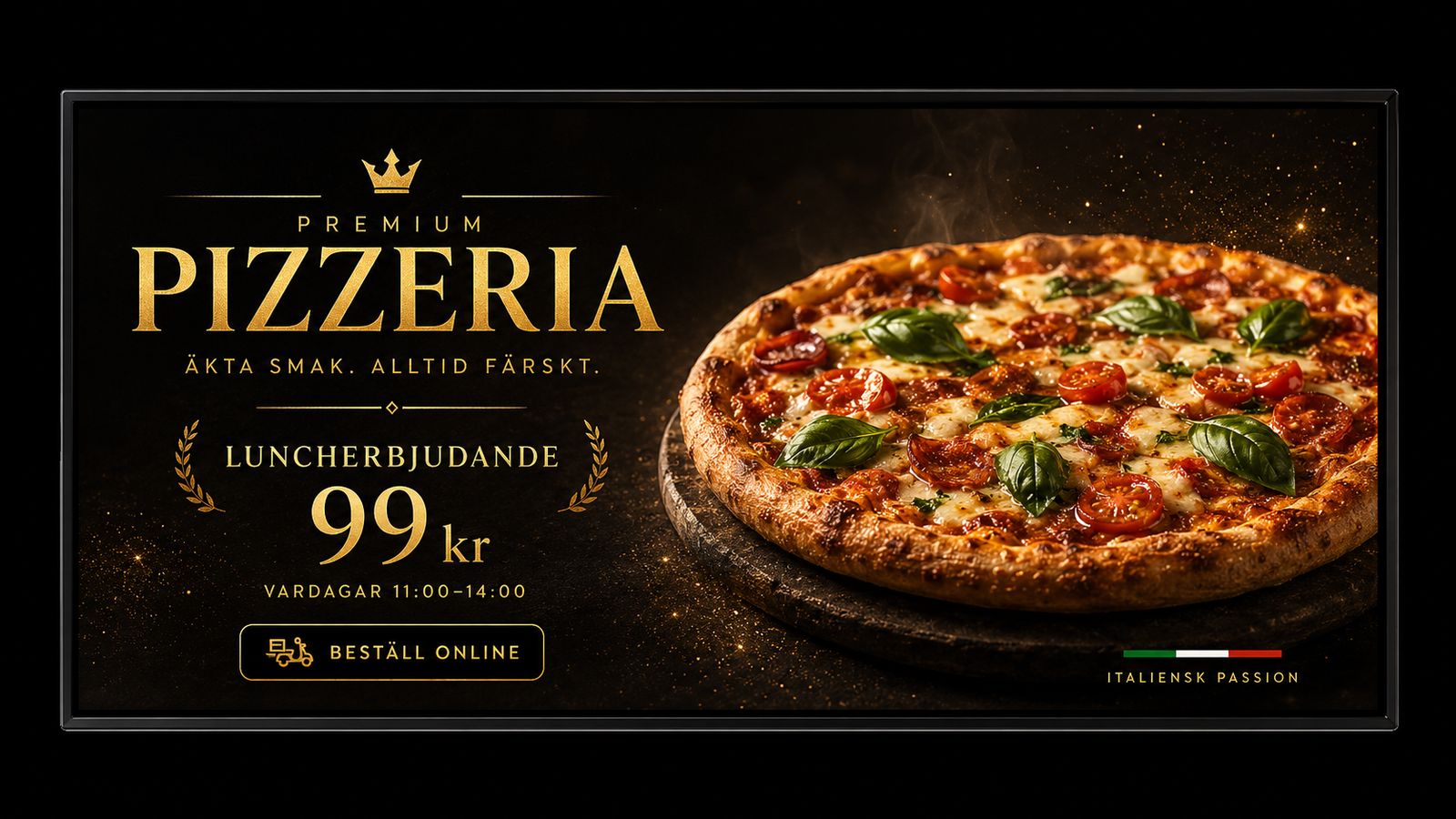 Digital reklamskärm för pizzeria med luncherbjudande