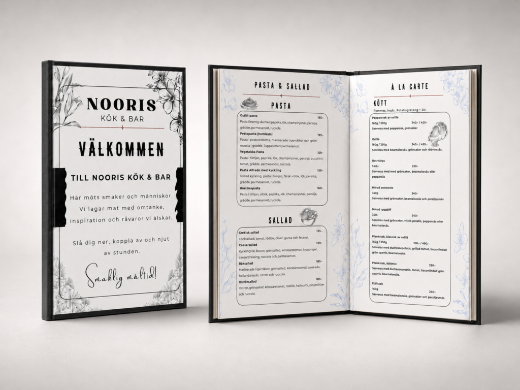 Menybok för restaurang – Professionell restaurangmeny med design och tryck